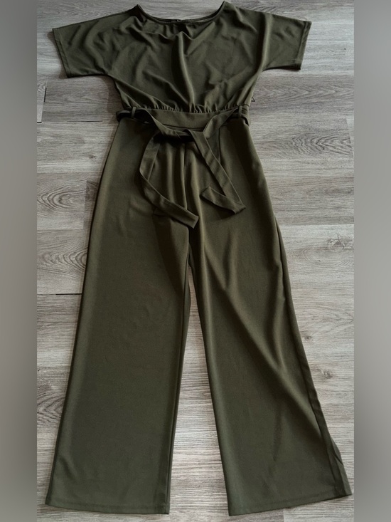 Source Unknown Pants - Olive Wide-Leg Jumpsuit with Tie Waist